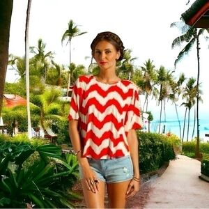T-Bags Los Angeles Women's Open Back Chevron Top S Orange Beige Zigzag Print EXC